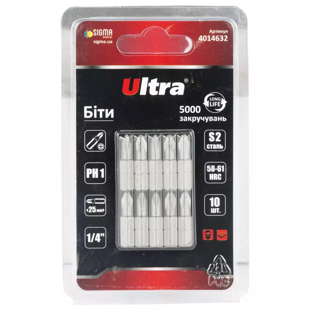 Биты ULTRA PH1х25мм ¼" 10 шт S2 блистер (4014632) Биты ULTRA PH1х25мм ¼" 10 шт S2 блистер (4014632)