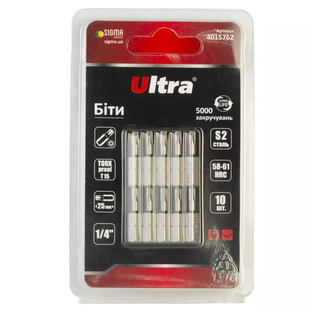 Биты ULTRA TORX-proof 15х25мм ¼" 10 шт S2 блистер (4015762) Биты ULTRA TORX-proof 15х25мм ¼" 10 шт S2 блистер (4015762)