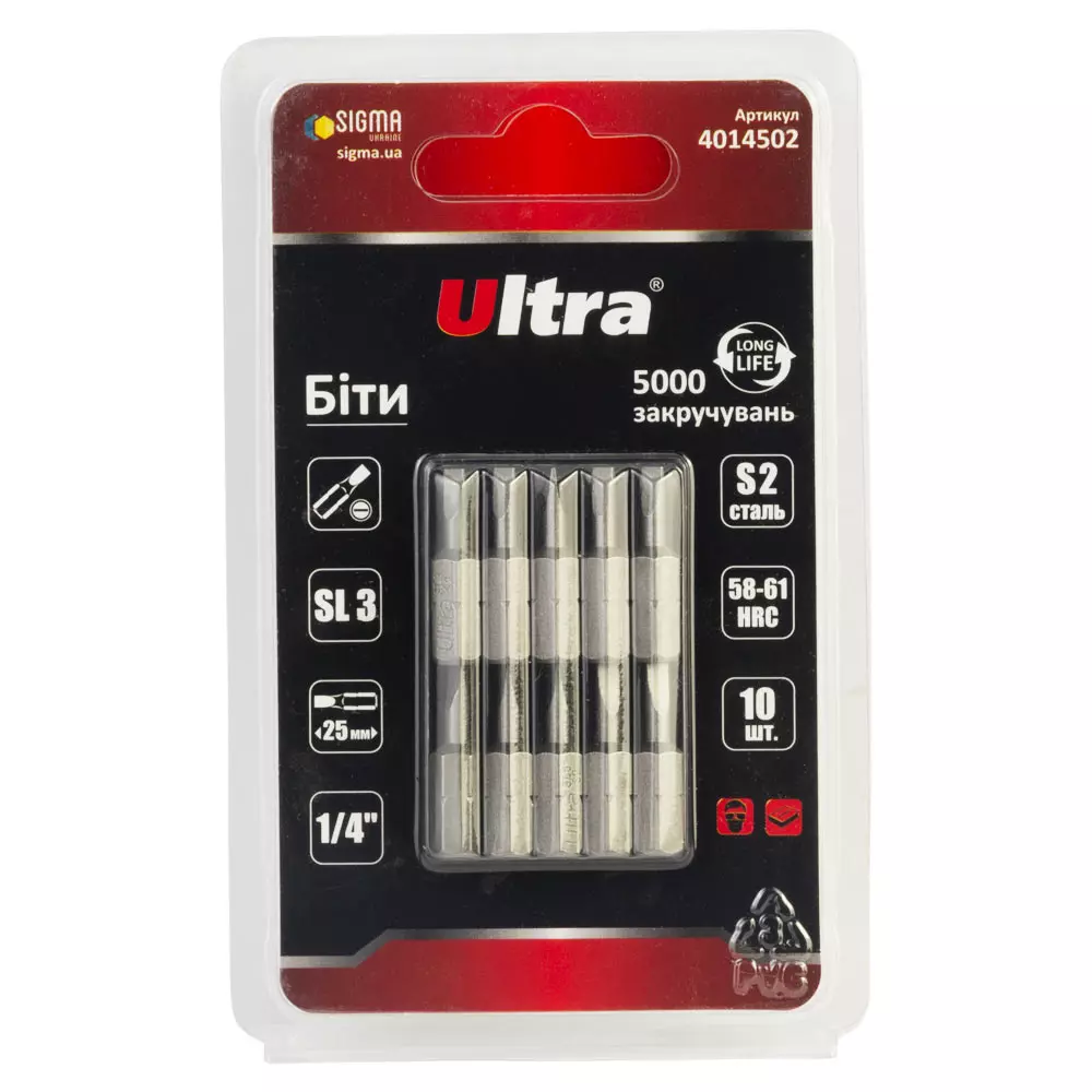 Біти ULTRA SL3х25мм ¼" 10 шт S2 блістер (4014502) Біти ULTRA SL3х25мм ¼" 10 шт S2 блістер (4014502)