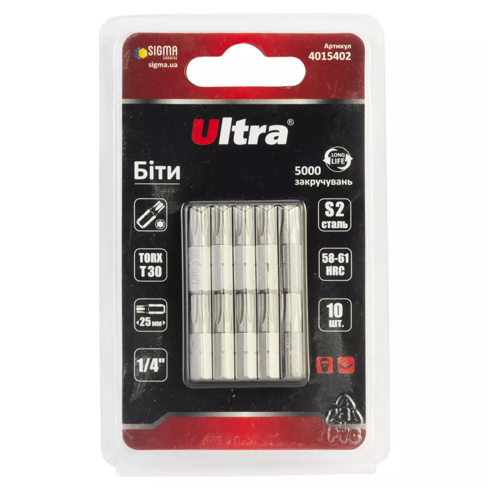Біти ULTRA TORX 30х25мм ¼" 10 шт S2 блістер (4015402) Біти ULTRA TORX 30х25мм ¼" 10 шт S2 блістер (4015402)