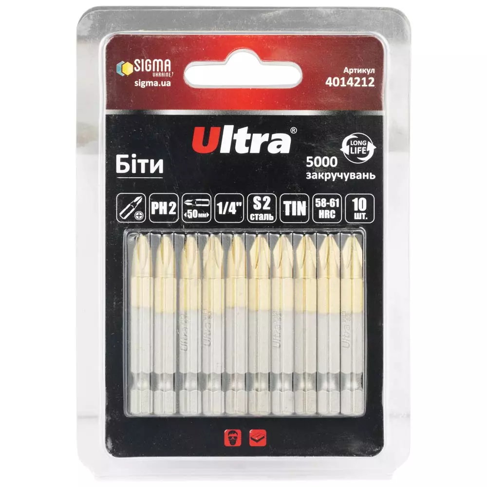 Біти ULTRA PH2х50мм ¼" 10 шт S2 TIN блістер (4014212) Біти ULTRA PH2х50мм ¼" 10 шт S2 TIN блістер (4014212)