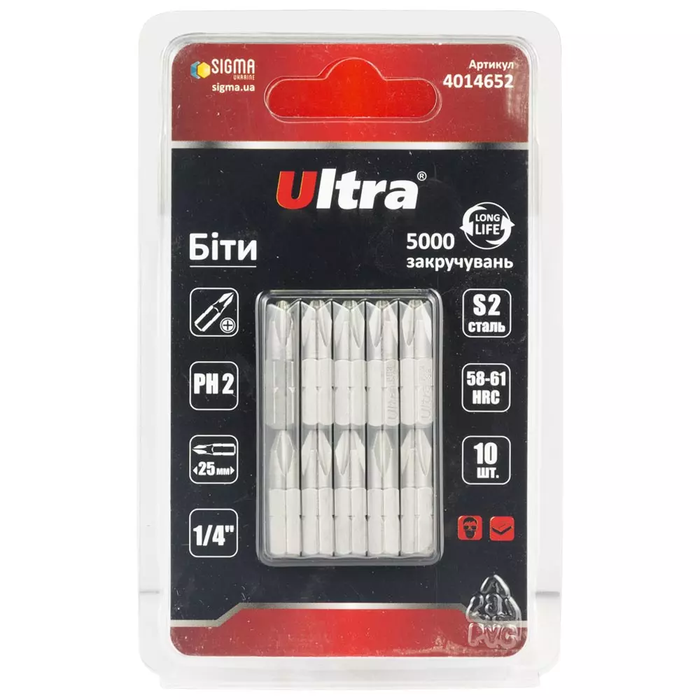 Біти ULTRA PH2х25мм ¼" 10 шт S2 блістер (4014652) Біти ULTRA PH2х25мм ¼" 10 шт S2 блістер (4014652)