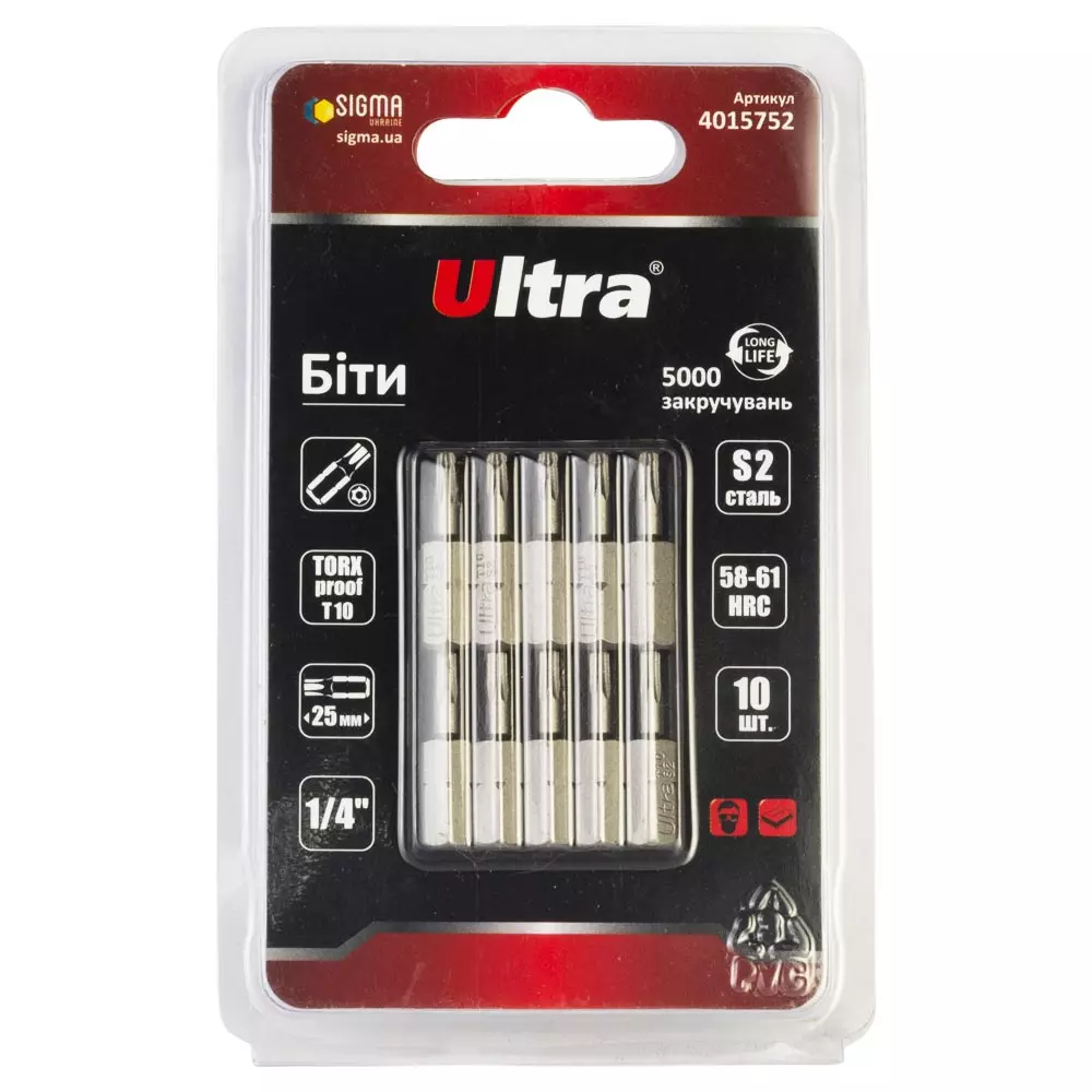 Биты ULTRA TORX-proof 10х25мм ¼" 10 шт S2 блистер (4015752) Биты ULTRA TORX-proof 10х25мм ¼" 10 шт S2 блистер (4015752)
