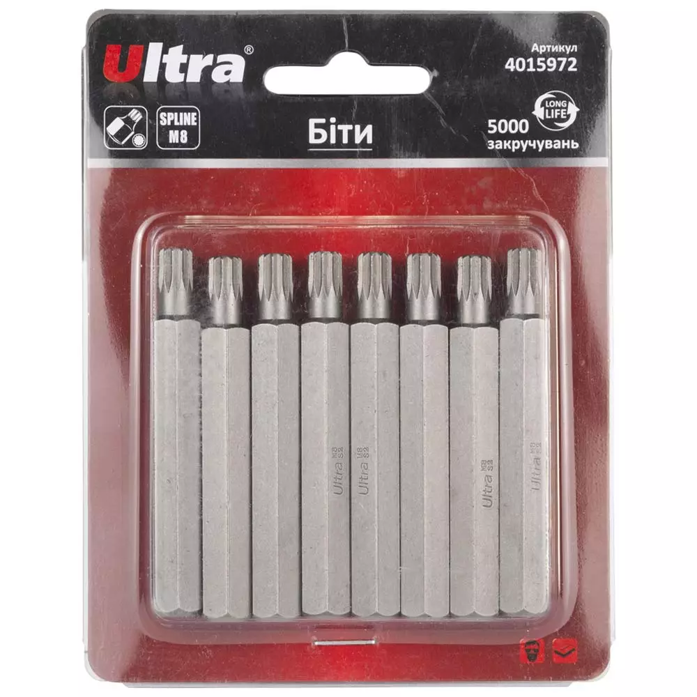 Біти ULTRA Spline M8х75мм 10мм 8 шт S2 блістер (4015972) Біти ULTRA Spline M8х75мм 10мм 8 шт S2 блістер (4015972)