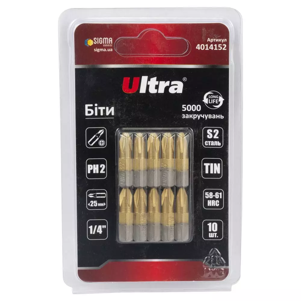 Біти ULTRA PH2х25мм ¼" 10 шт S2 TIN блістер (4014152) Біти ULTRA PH2х25мм ¼" 10 шт S2 TIN блістер (4014152)
