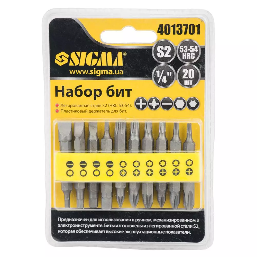 Набір біт з власником SIGMA 1/4" 20 шт S2 блістер (4013701) Набір біт з власником SIGMA 1/4" 20 шт S2 блістер (4013701)