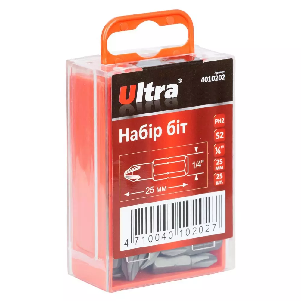 Набір біт ULTRA PН2х25мм 1/4" 25 шт S2 пластиковий кейс (4010202)