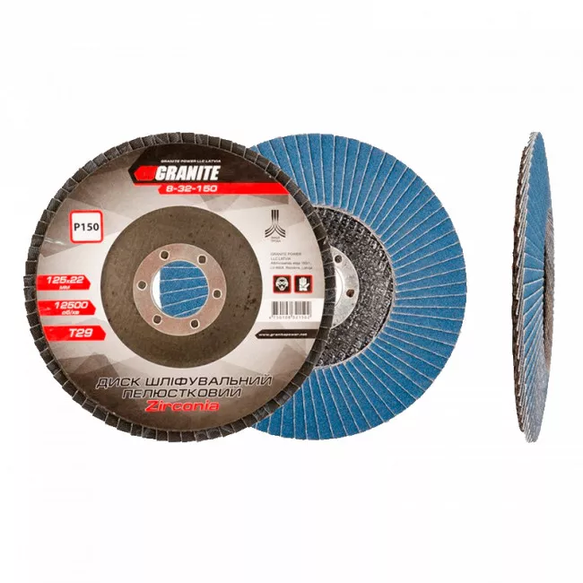 Диск шлифовальный лепестковый конусный ZIRCONIA Т29 зерно 150 125*22 мм GRANITE (8-32-150)