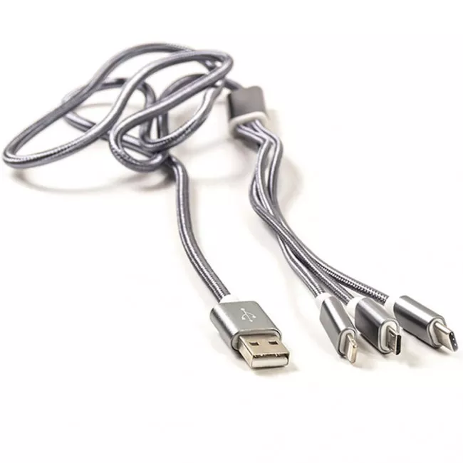 Кабель POWER PLANT 2.1A 3-в-1 USB AM - Type-C/Lightning/Micro, 1.2м, серый (CA910663)