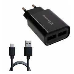 Сетевое зарядное устройство Grand-X (2xUSB 2.4А) Black (CH-45T) + кабель USB Type C