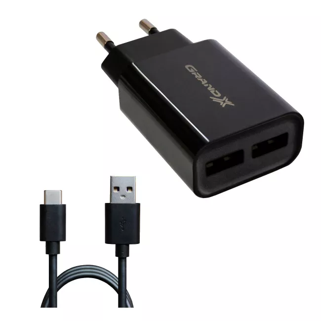 Сетевое зарядное устройство Grand-X (2xUSB 2.4А) Black (CH-45T) + кабель USB Type C