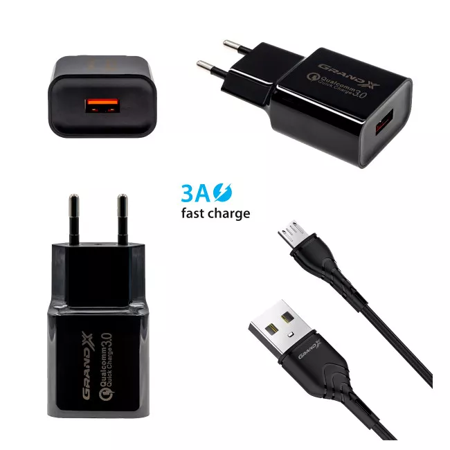 Сетевое зарядное устройство Grand-X Quick Charge 3.0, 18W (CH-350BM) + кабель microUSB