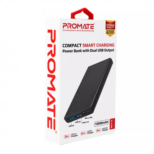 Внешний аккумулятор Promate Bolt-10 10000 mAh Black (bolt-10.black) (046662)