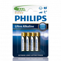 Батарейка PHILIPS лужная цилиндрическая тип 1.5V ААА ULTRA ALKALINE (в блист. - 4 шт) (LR03E4B/10)