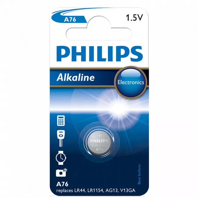 Батарейка PHILIPS лужна кнопкова, блістер (A76/01B) Батарейка PHILIPS лужна кнопкова, блістер (A76/01B)