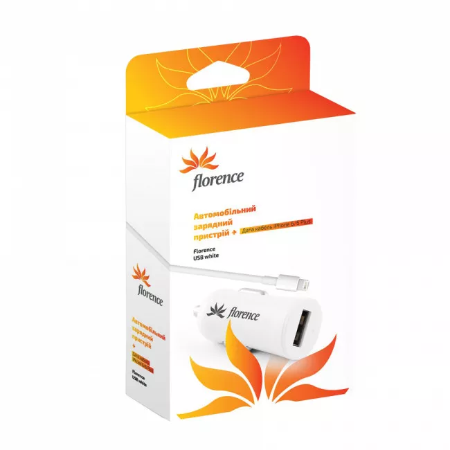 Автомобільний зарядний пристрій Florence USB + cable iPhone 6/6 Plus white, 1200mA (CC12-IPH6) (839062)