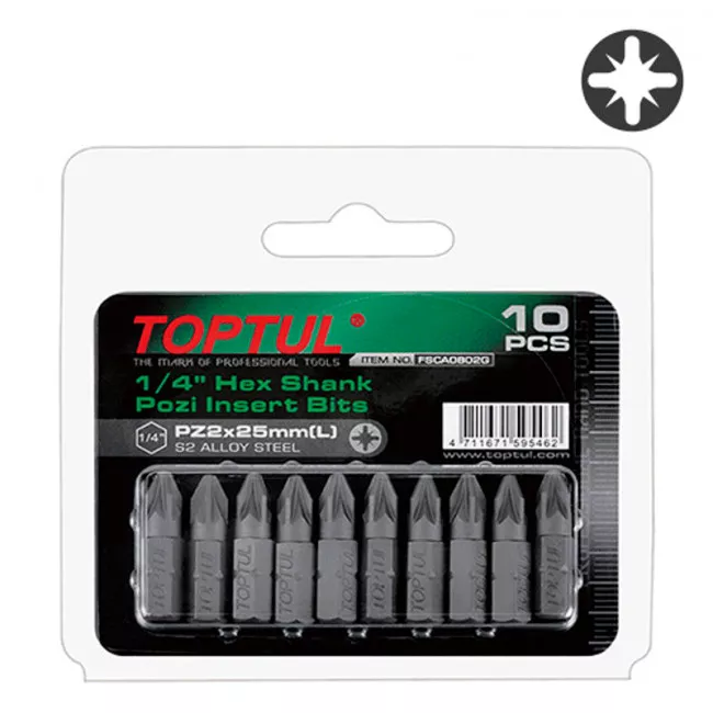Набор бит TOPTUL 1/4" L25мм PZ2 10ед. на блистере (FSCA0802G)