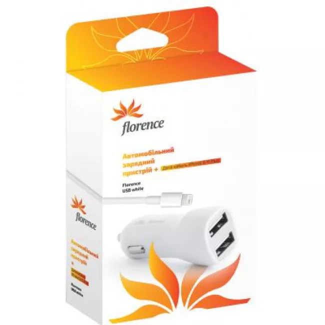 Зарядное устройство АЗУ Florence 2 USB + cable iPhone 6/6 Plus white, 2100mA (838959)