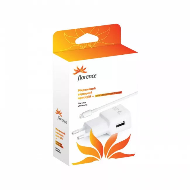 Автомобильное зарядное устройство Florence USB + cable iPhone 4/4S white, 1200mA (CC12-IPH4) (838942)