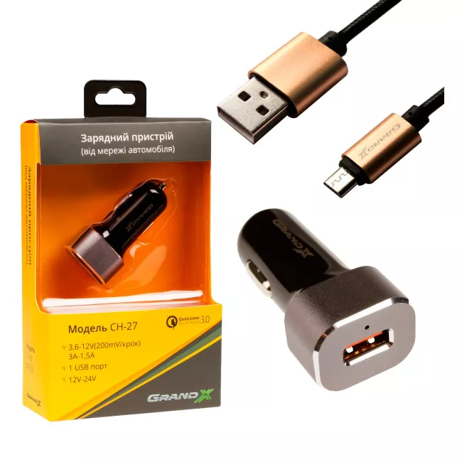 Автомобильное зарядное устройство Grand-X CH27BM QС3.0 + cable FM01BB USB/Micro Автомобильное зарядное устройство Grand-X CH27BM QС3.0 + cable FM01BB USB/Micro