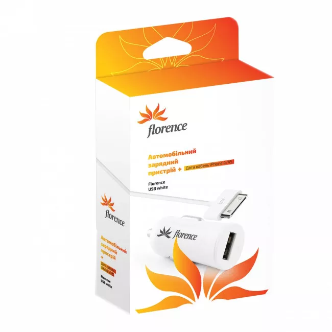 839079 Зарядний пристрій АЗУ Florence USB +cable iPhone 4/4S white,1200mA