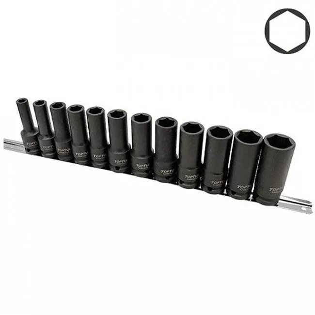 Набор ударных длинных головок TOPTUL 1/2" 12 ед. 8,10,12~19,21,22мм (на планке) (GAAQ1614D)