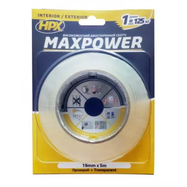 Прозрачная двухсторонняя акриловая лента с высокой адгезией HPX MAXPOWER 19ммх5м (HT1905)