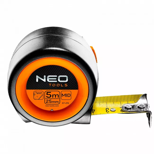 Рулетка NEO компактная стальная лента 5 м x 25 мм, с фиксатором selflock, магнит (67-215) Рулетка NEO компактная стальная лента 5 м x 25 мм, с фиксатором selflock, магнит (67-215)