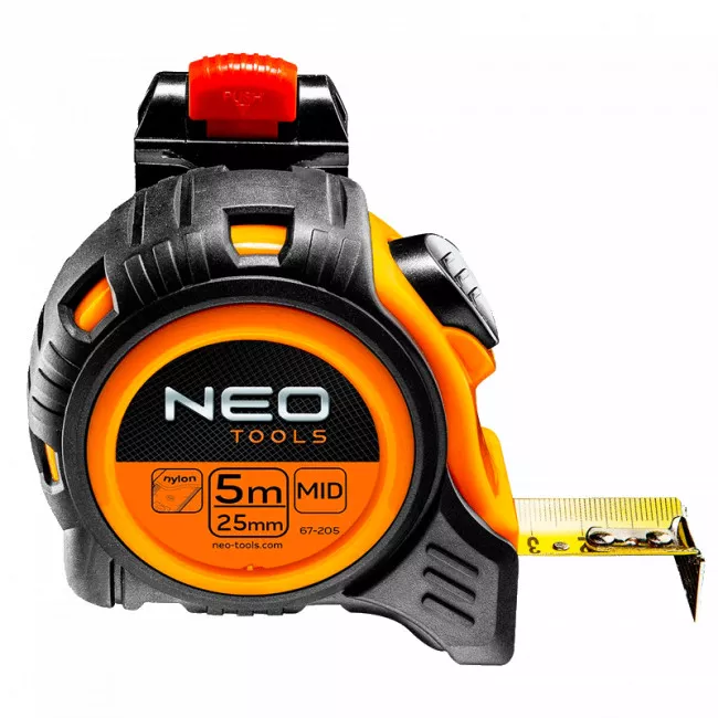 Рулетка NEO, стальная лента, 5 м x 25 мм, с фиксатором selflock, крепление на пояс (67-205) Рулетка NEO, стальная лента, 5 м x 25 мм, с фиксатором selflock, крепление на пояс (67-205)