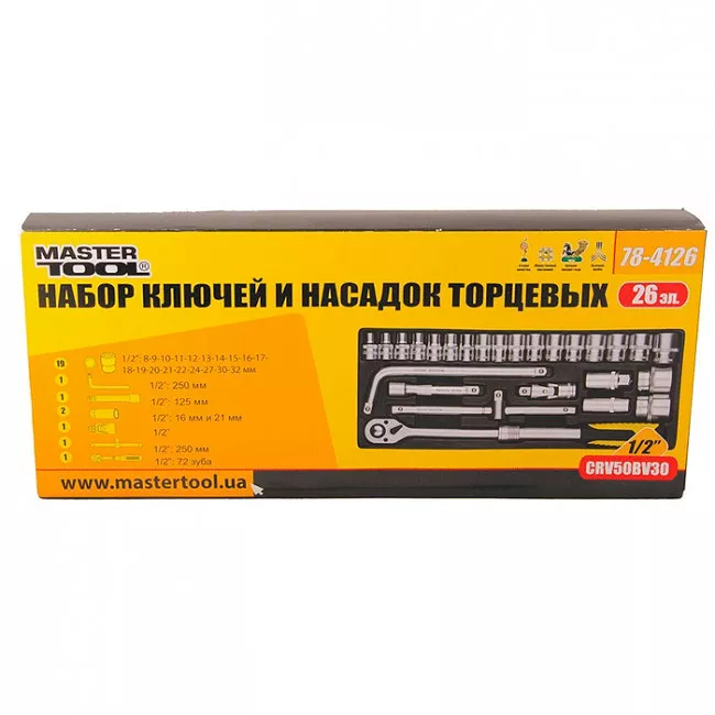 Набор ключей и насадок торцевых Mastertool CrV 1/2” 26 предметов (78-4126) (315215)