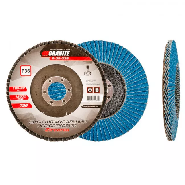 Диск шлифовальный лепестковый конусный ZIRCONIA Т29 зерно 36 125*22 мм GRANITE (8-32-036) Диск шлифовальный лепестковый конусный ZIRCONIA Т29 зерно 36 125*22 мм GRANITE (8-32-036)
