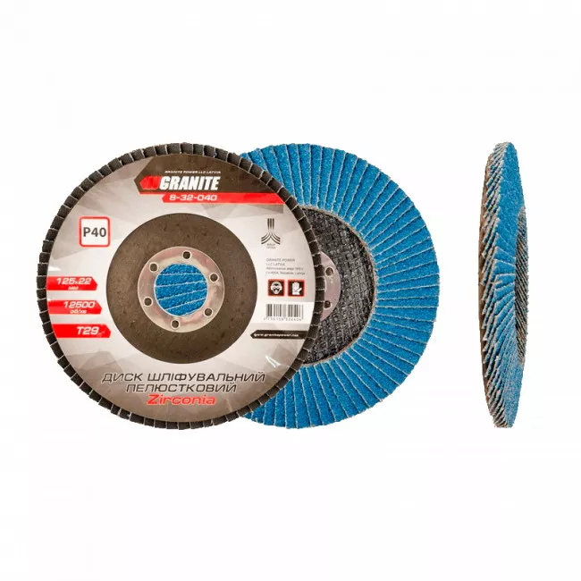 Диск шлифовальный лепестковый конусный ZIRCONIA Т29 зерно 40 125*22 мм GRANITE (8-32-040)