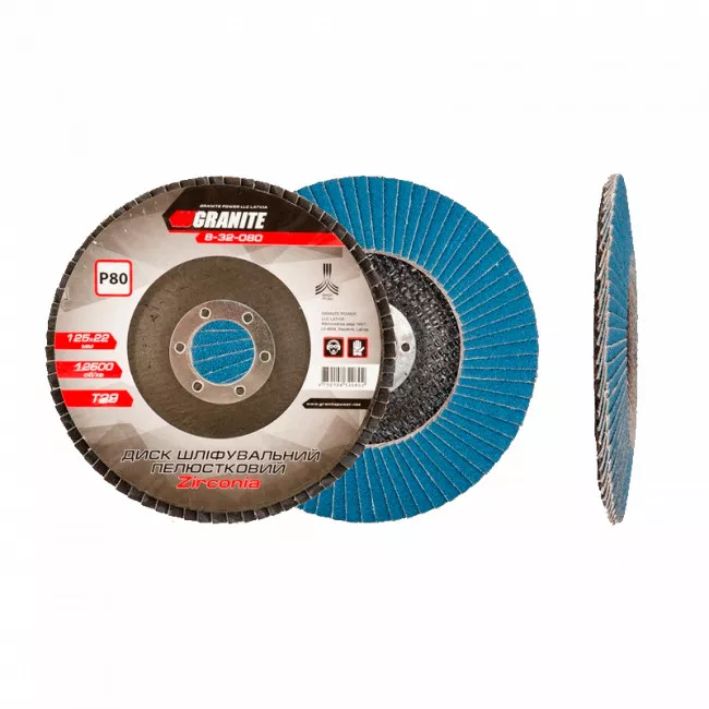 Диск шлифовальный лепестковый конусный ZIRCONIA Т29 зерно 80 125*22 мм GRANITE (8-32-080) Диск шлифовальный лепестковый конусный ZIRCONIA Т29 зерно 80 125*22 мм GRANITE (8-32-080)