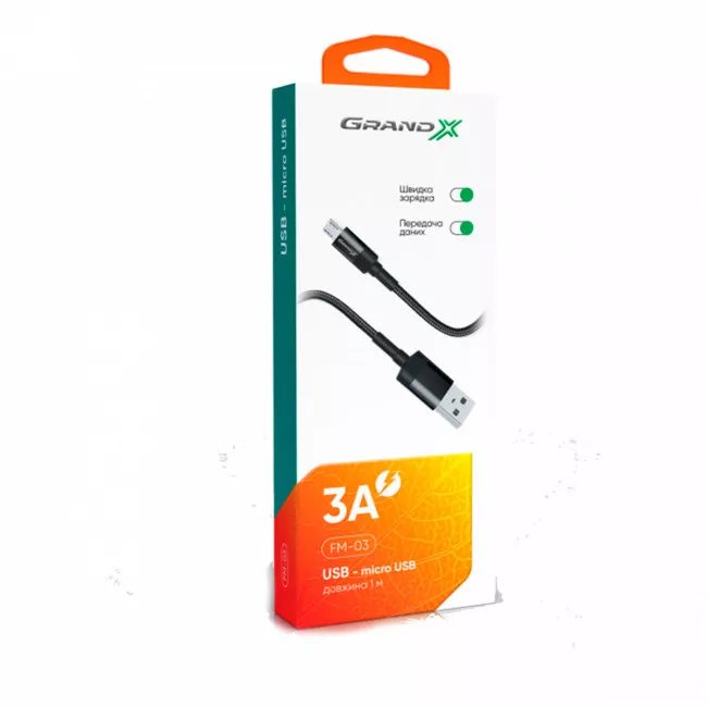 Кабель Grand-X USB-micro USB 3A 1м Black (FM-03)