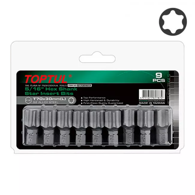 Набор бит TOPTUL 5/16" L30мм T70 9ед. на блистере (FSEA1070G)