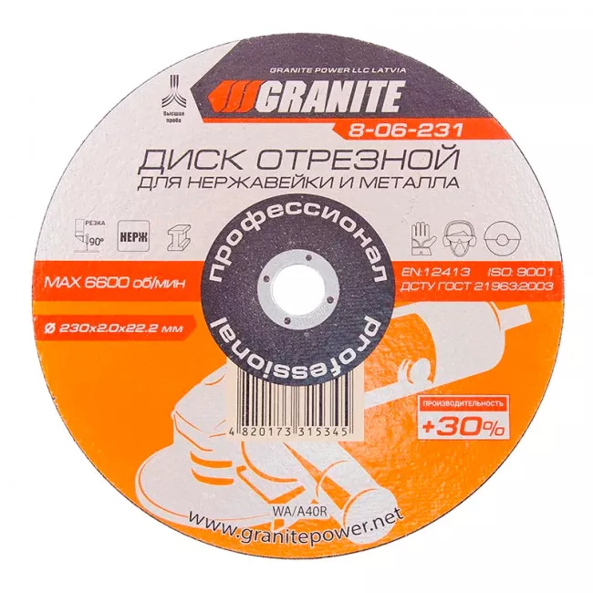 Диск абразивный отрезной для нержавейки и металла 230*2,0*22,2 мм PROFI +30 GRANITE (8-06-231) Диск абразивный отрезной для нержавейки и металла 230*2,0*22,2 мм PROFI +30 GRANITE (8-06-231)
