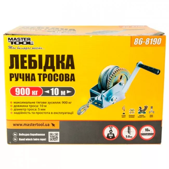 Лебедка барабанная MASTERTOOL тяговое усилие 907 кг, трос 10 м (86-8190)