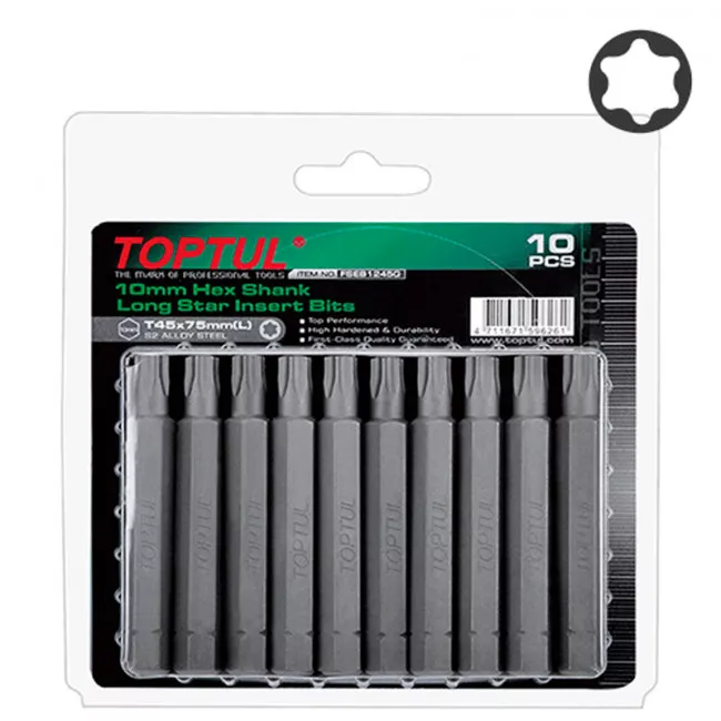 Набор бит TOPTUL 10мм L75мм T30 10ед. на блистере (FSEB1230G) Набор бит TOPTUL 10мм L75мм T30 10ед. на блистере (FSEB1230G)
