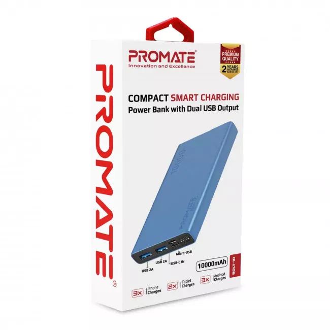 Зовнішній акумулятор Promate Bolt-10 10000 mAh Blue (bolt-10.blue) (046679)