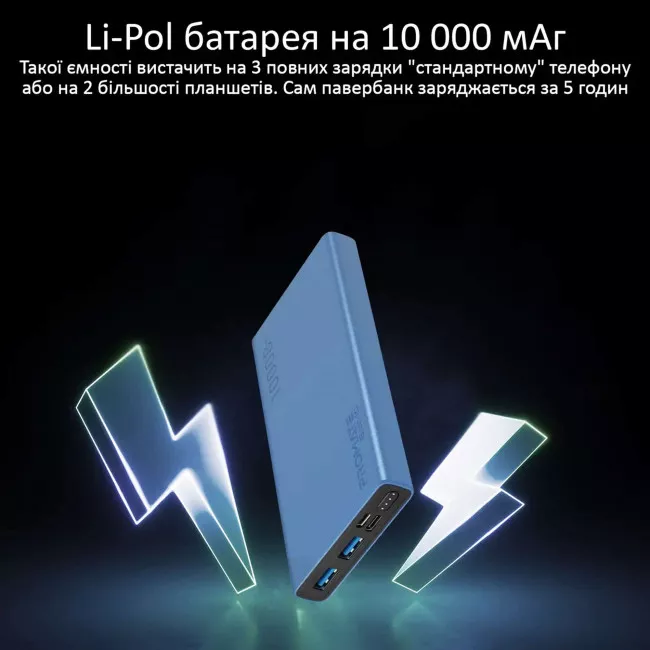 Зовнішній акумулятор Promate Bolt-10 10000 mAh Blue (bolt-10.blue) (046679)