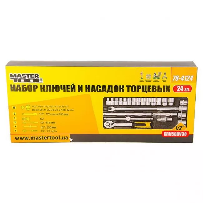 78-4124 Набор насадок торцевых PROFI CrV 1/2” 10-32 мм, трещотка 72Т, 24 шт металлический кейс