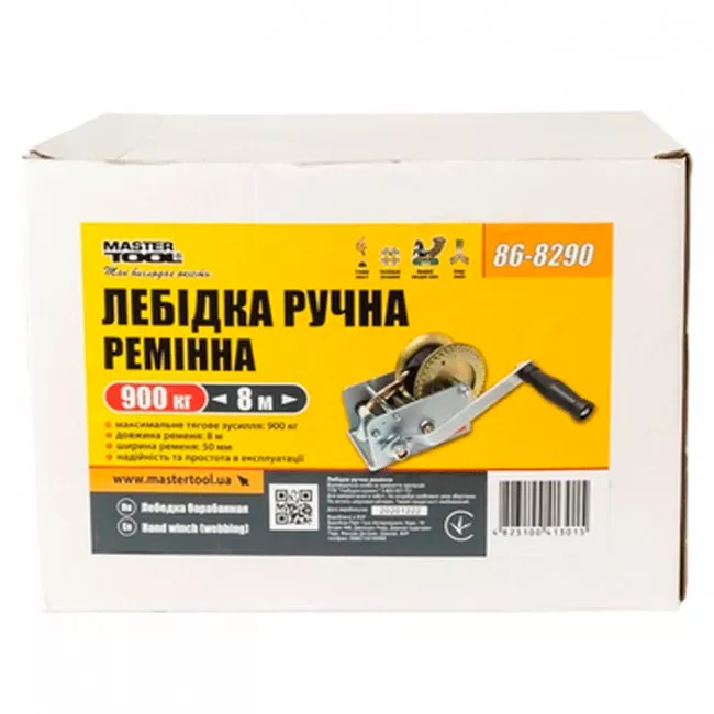 Лебідка барабанна MASTERTOOL тягове зусилля 907 кг, ремінь 8 м (86-8290)
