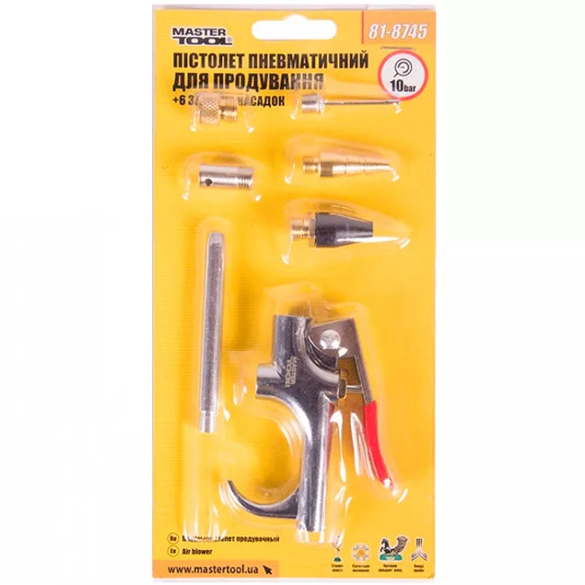 Пневмопистолет продувочный MASTER TOOL 6 сменных насадок, 10 бар (81-8745)