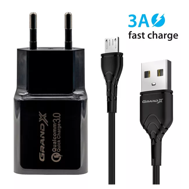Сетевое зарядное устройство Grand-X Quick Charge 3.0, 18W (CH-350BM) + кабель microUSB