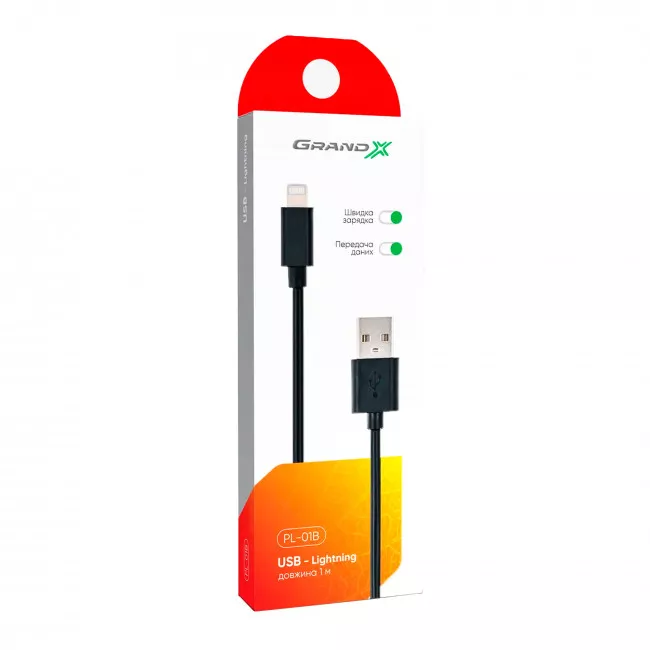Кабель Grand-X USB-Lightning, 100% медь, 1m, 2,1А Black, Упаковка-гифтбокс с окном (PL01B)