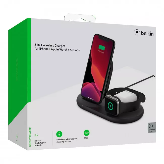 Беспроводное зарядное устройство Belkin 3-in-1 Wireless Pad/Stand/Apple Watch Black (WIZ001VFBK)