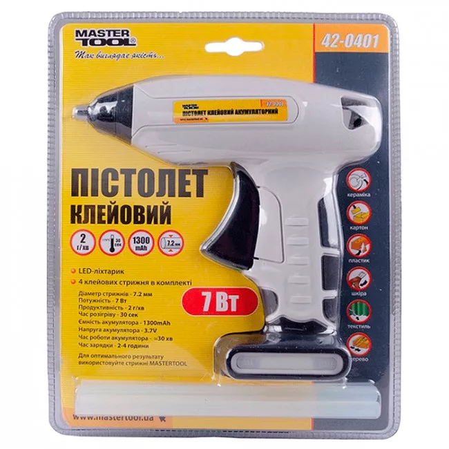 Пістолет клейовий MASTER TOOL акумуляторний Ø 7,2 мм DC3.7V, 1300mAh, "Крапля-Стоп" (42-0401)