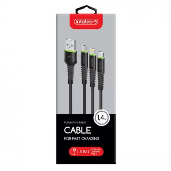 Кабель синхронизации INTALEO CBFLEXU1 3in1 Micro/Lightning/Type-C 1,4м (черный) (487521)