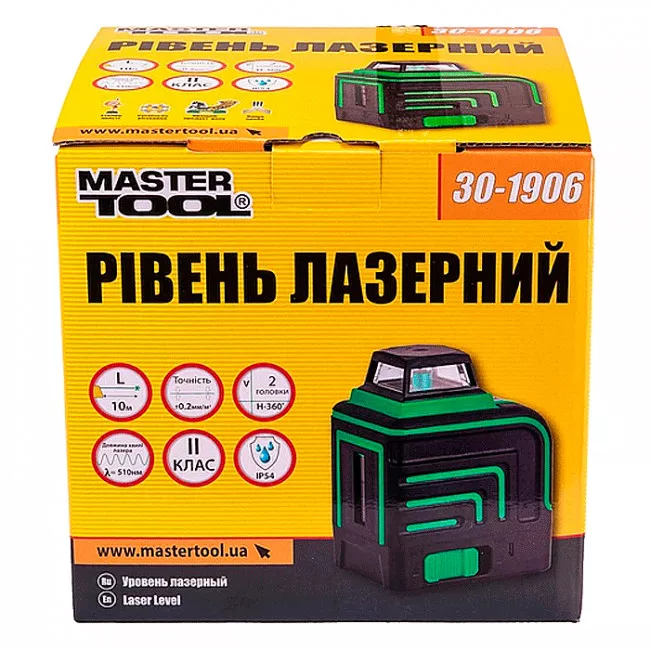 Рівень лазерний MASTER TOOL H360+V, 2 лазерні головки GREEN, 0.2мм/м, 10м, Li-ion, сумка (30-1906)