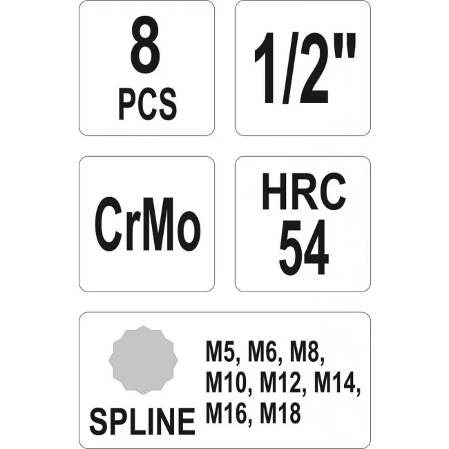 Набір ударних біт YATO SPLINE 1/2" M5-M18 8шт (YT-1069)